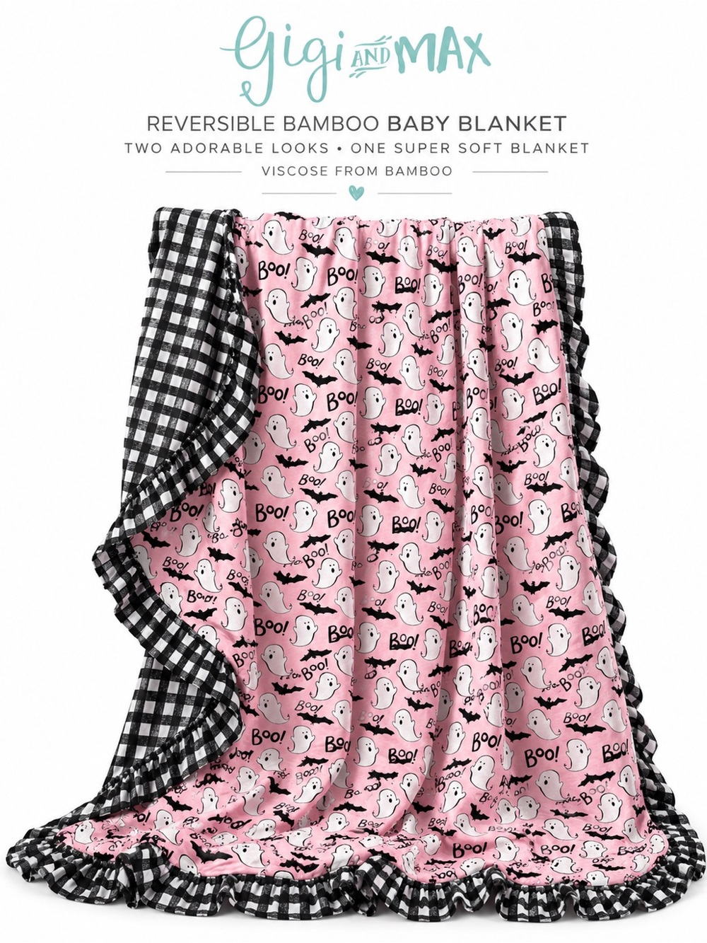 Gigi and Max Reversible Bamboo Viscose Ghost Boo Ruffle Blanket